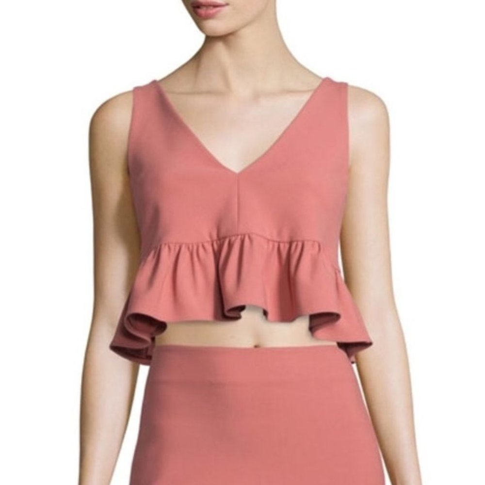 Elizabeth and James Annaline Ponte Crop Peplum Ruffle Top Coral Pink XS $275